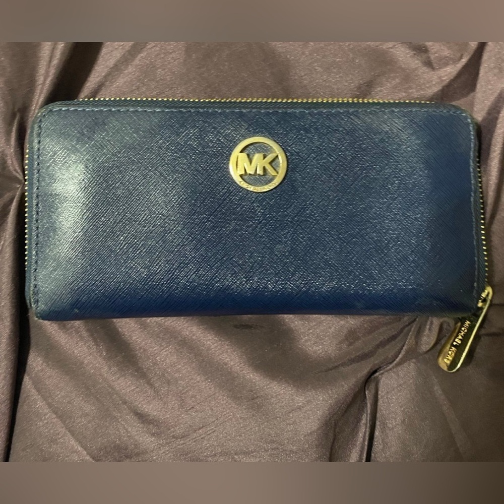 Michael Kors Blue Wallet with Gold Accents
